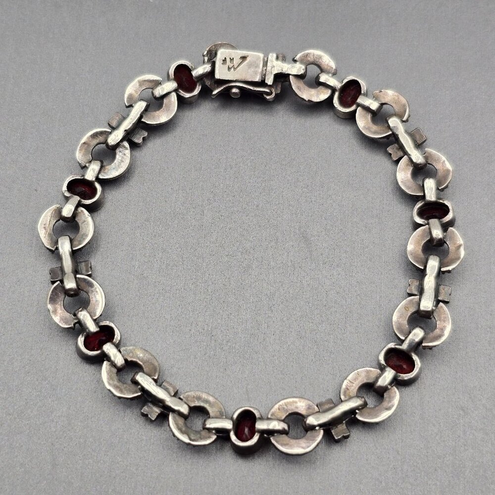 VTG Sterling Silver Garnet & Marcasite Link Bracelet 7.5" RF Hallmark Box Clasp - Picture 7 of 14
